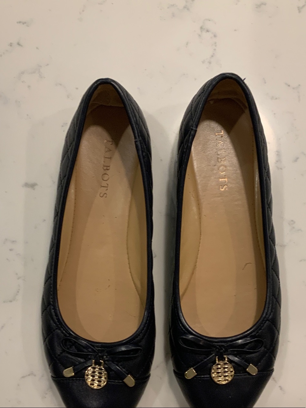 Talbots Black Quilted Leather Ballet Flats with Gold Medallion